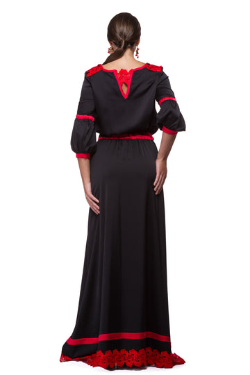 Long black dress with silk details and Brussels lace WDR-0002